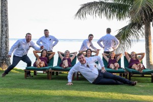 The bridal party goofs on the lawn at Warwick Fiji