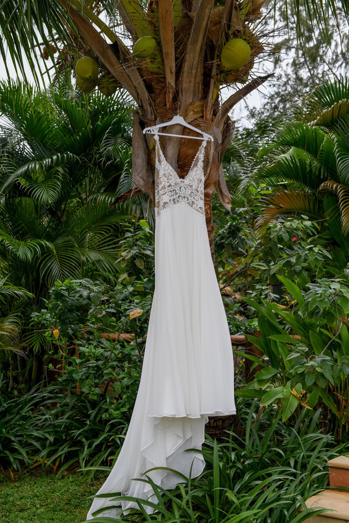 The Lilian West wedding gown is draped against coconuts on a Fiji palm