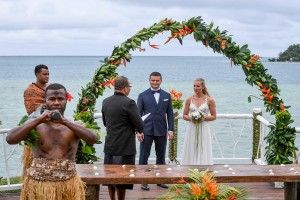 The bride and groom at the altar of their elopement in Tropica Island Fiji
