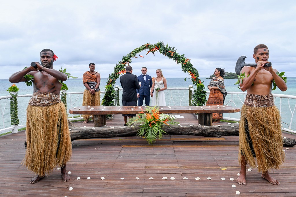 The Fiji beach wedding ceremony overlooking the Pacific ocean at Tropica Island Resort