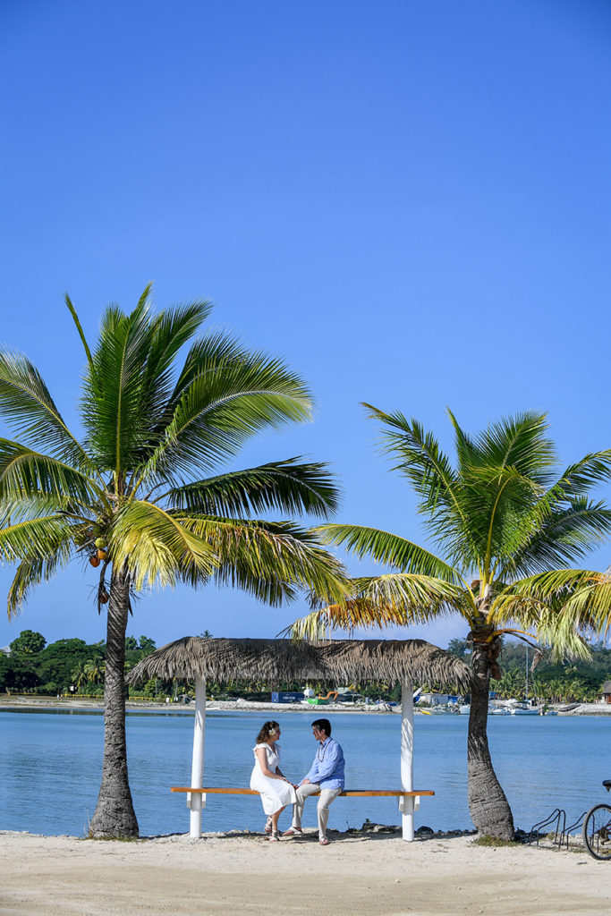 The loving couple framed by towering Fiji palms