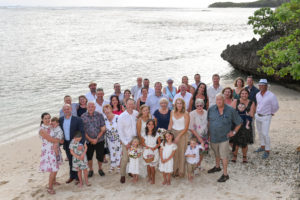An eagle-view photograph of all the guests standing at Shangri La Beach